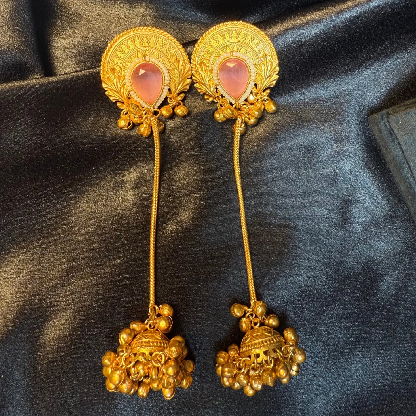 Pink Stone Long Kashmiri Jhumka Earrings for Women