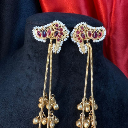 Maroon Stone Long Kashmiri Tassel Earrings for Women