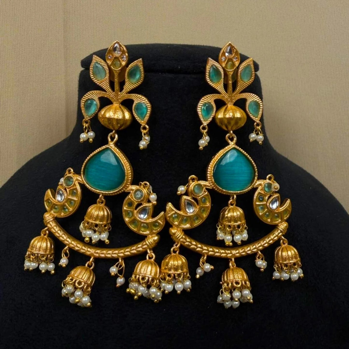 Green Stone Kashmiri Chandbali Earrings for Women
