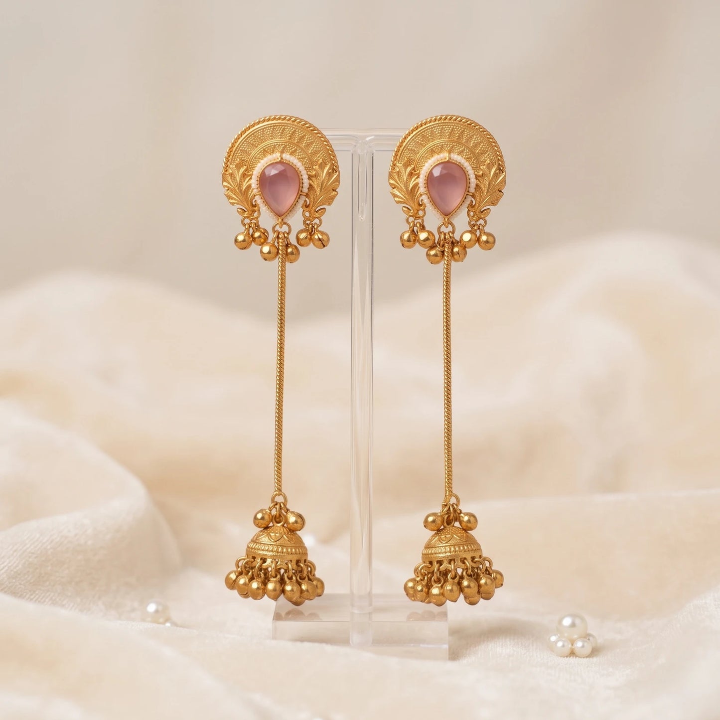 Pink Stone Long Kashmiri Jhumka Earrings for Women