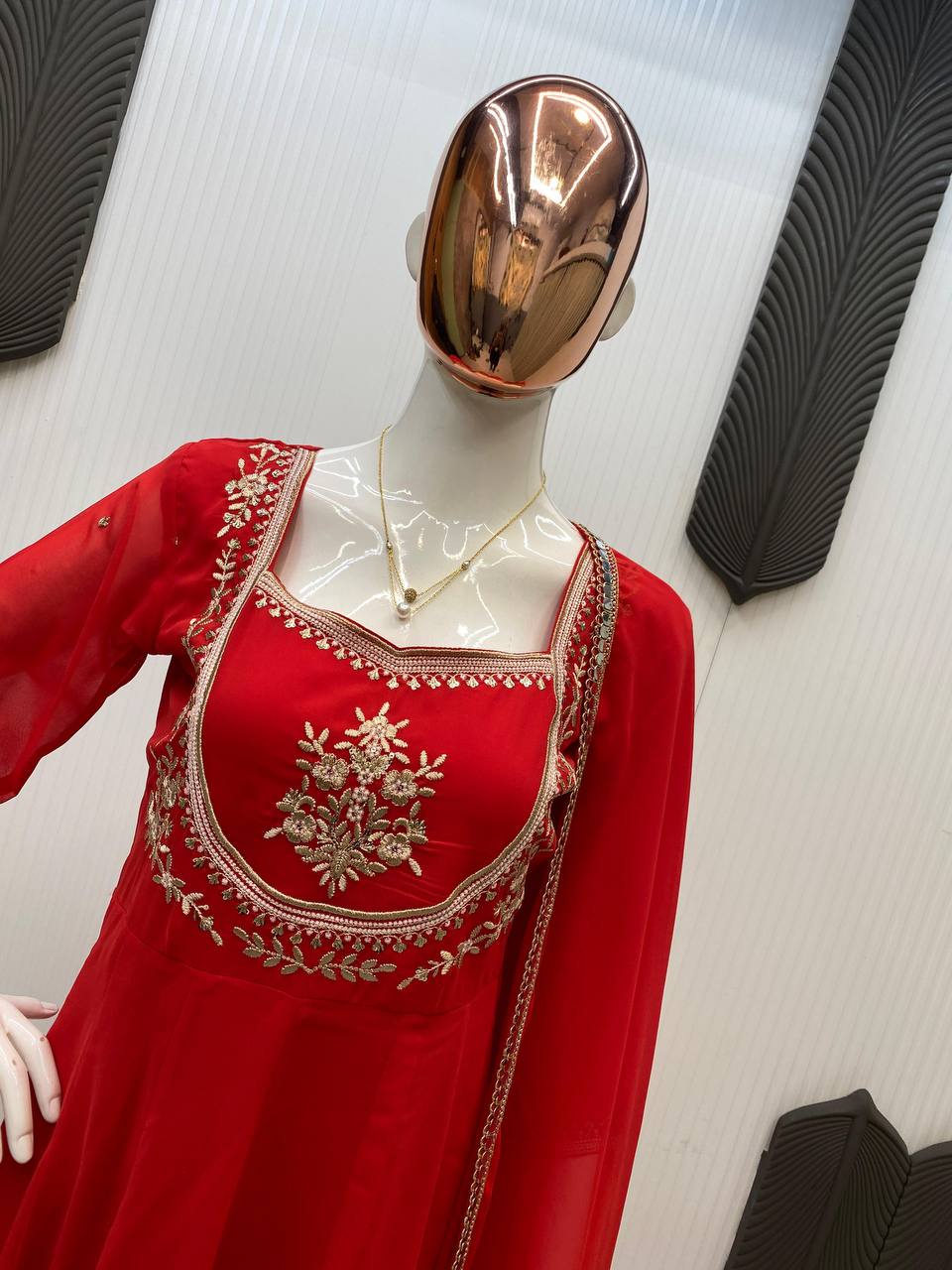 Red Embroidered Georgette Premium 3 Piece Set