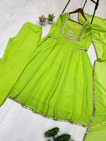 Green Georgette Embroidered 3-Piece Premium Collection