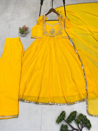 Yellow Georgette Embroidered 3-Piece Set