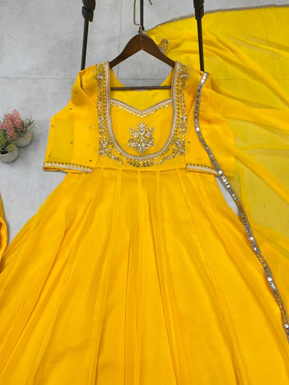 Yellow Georgette Embroidered 3-Piece Set