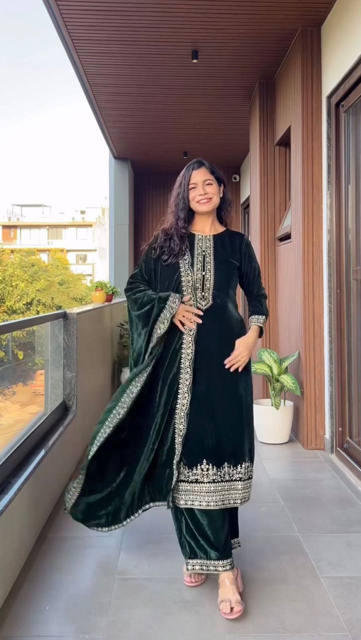 Designer Velvet Embroidery Suit  Kurti, Pant & Dupatta Set