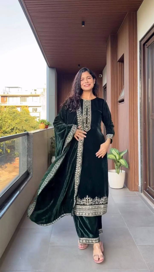 Designer Velvet Embroidery Suit  Kurti, Pant & Dupatta Set