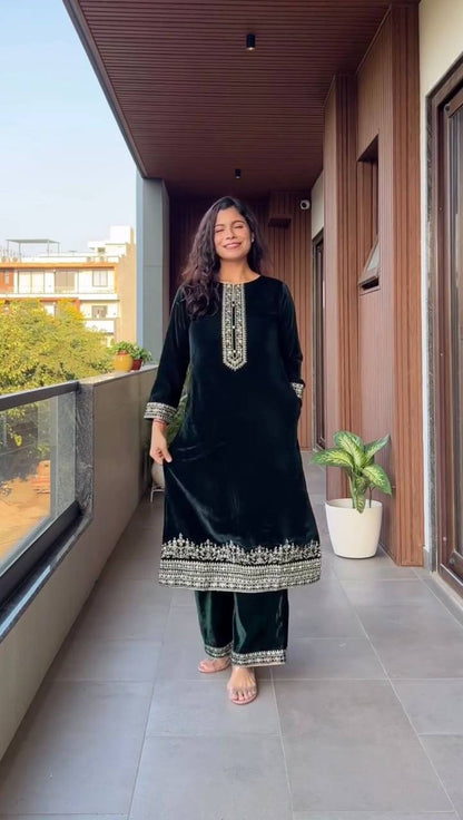 Designer Velvet Embroidery Suit  Kurti, Pant & Dupatta Set