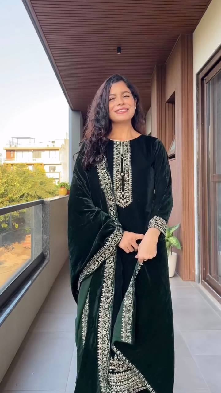 Designer Velvet Embroidery Suit  Kurti, Pant & Dupatta Set