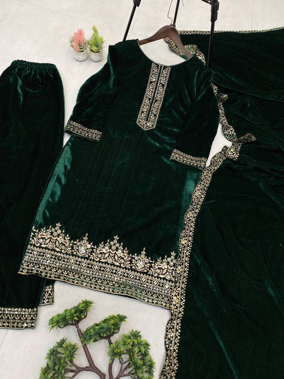 Designer Velvet Embroidery Suit  Kurti, Pant & Dupatta Set