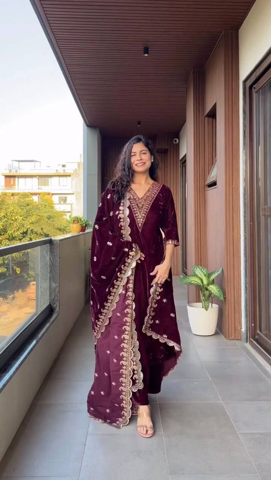 Royal Velvet Suit Set With Sequence Work