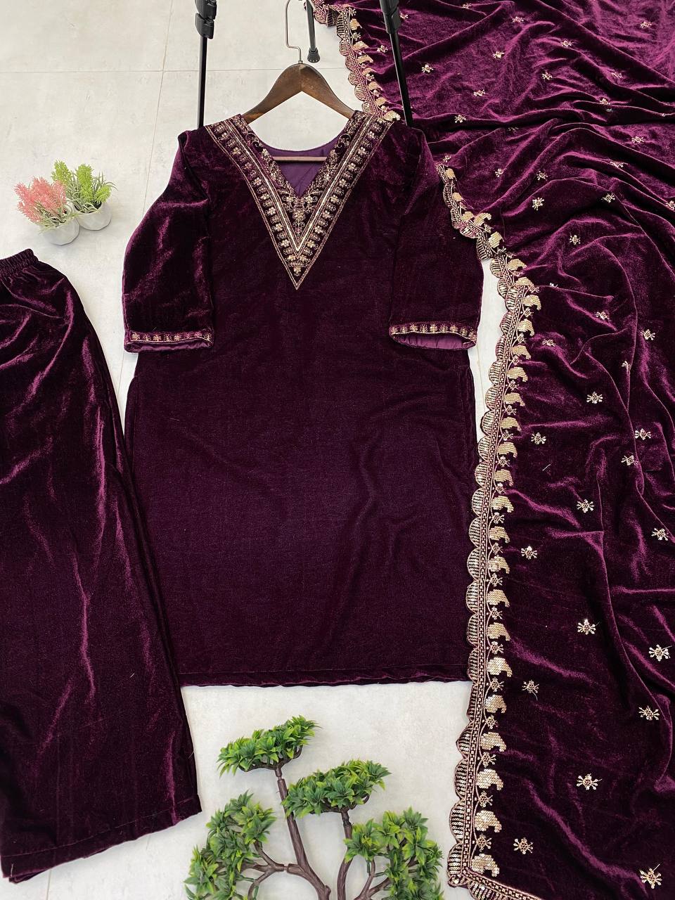 Royal Velvet Suit Set With Sequence Work