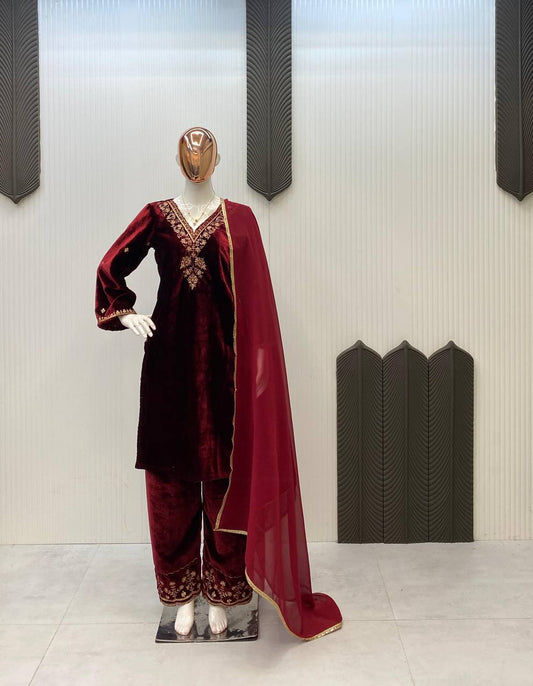 Royal Maroon Velvet Embroidered 3-Piece