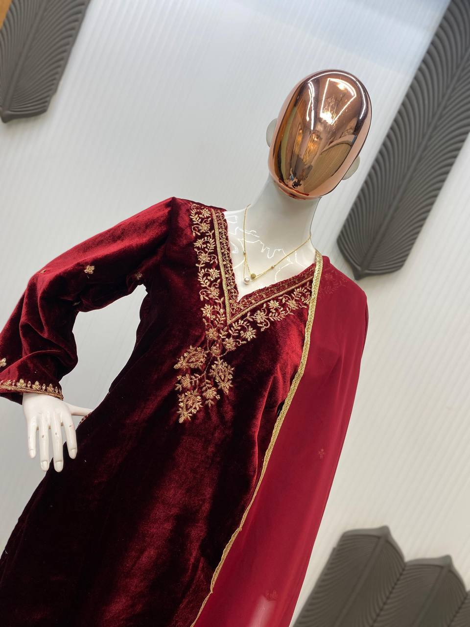 Royal Maroon Velvet Embroidered 3-Piece