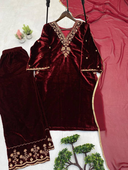 Royal Maroon Velvet Embroidered 3-Piece
