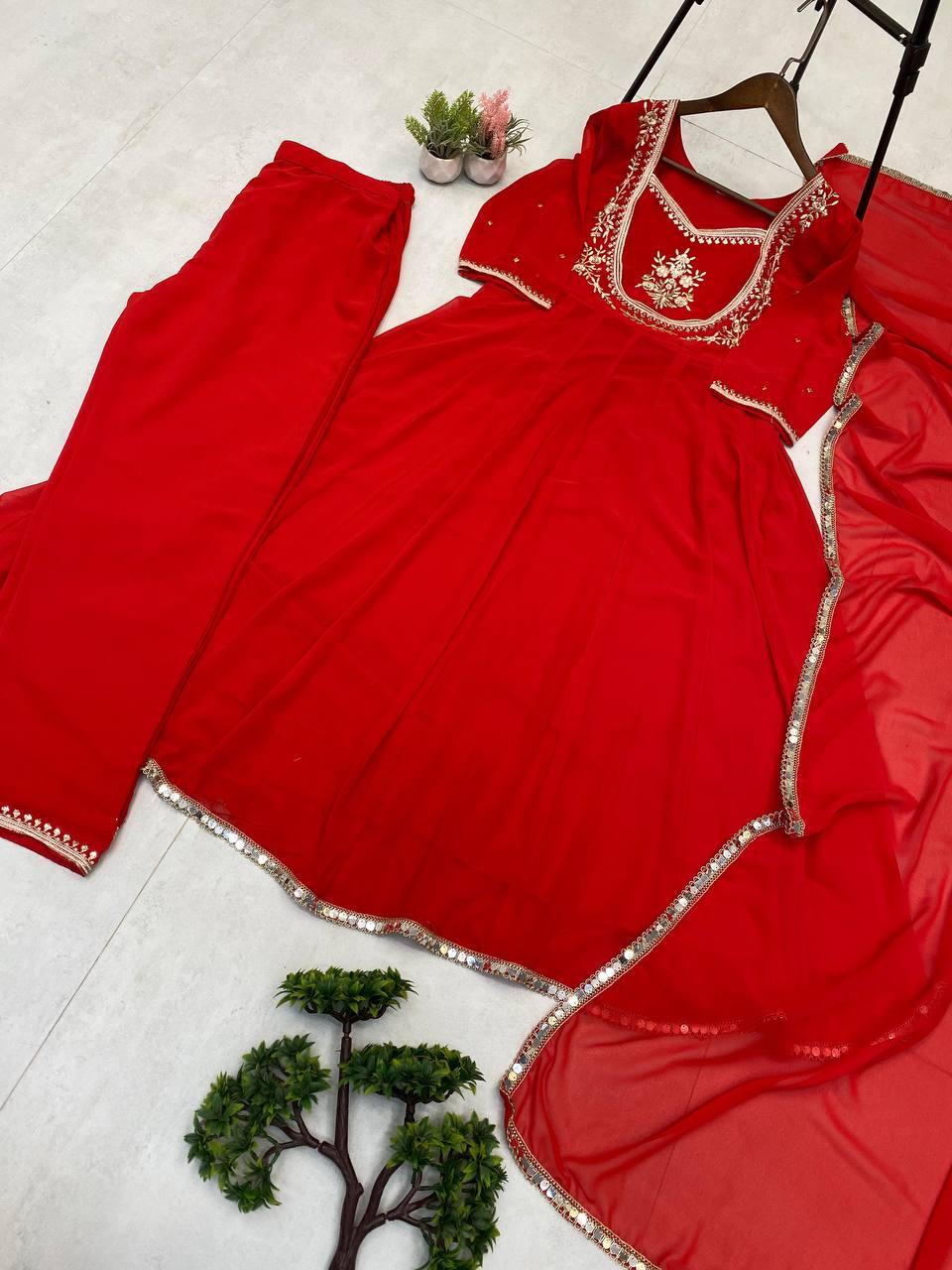 Red Embroidered Georgette Premium 3 Piece Set