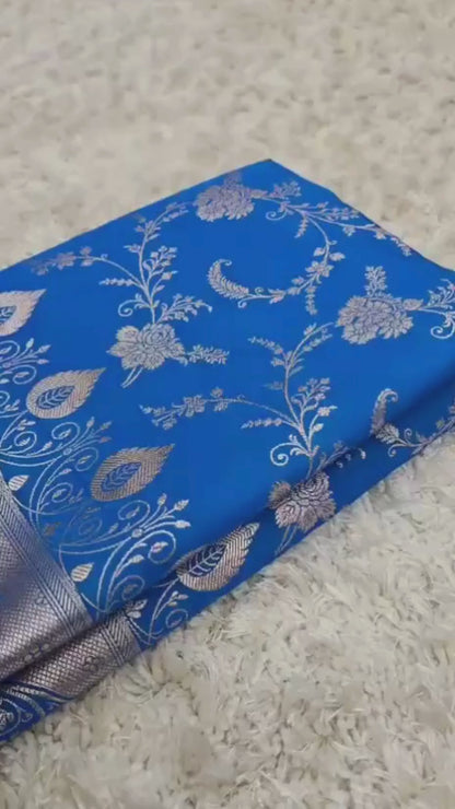 Blue Banarasi Mashroo Katan Silk Saree with Allover Jaal Work & Rich Border