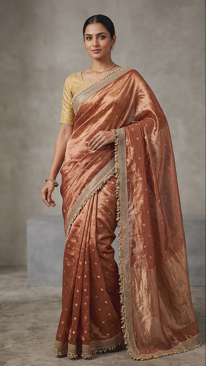 Orange Tissue Saree with Lace Border