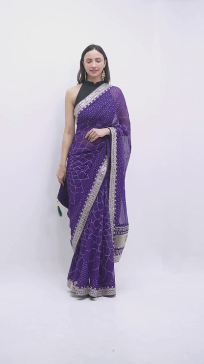 Royal Purple Georgette Bandhani Saree with Dark Green Contrast Blouse