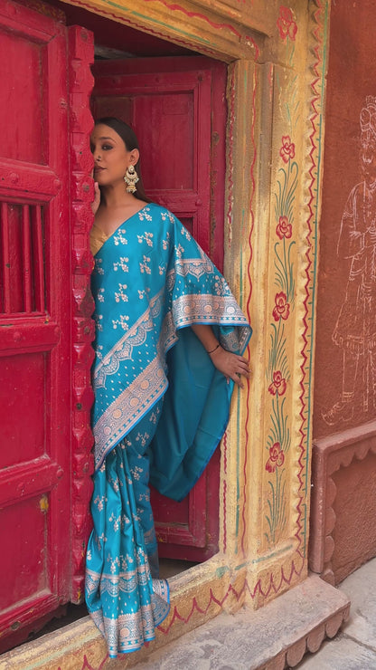 Royal Sky Blue – Floral Zari Embroidered Saree Elegance