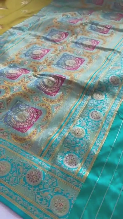 Radiant Mustard & Sea Green Premium Banarasi Silk Saree