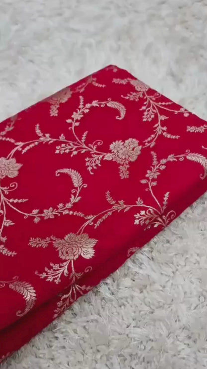 Bridal Red Banarasi Mashroo Katan Silk Saree with Intricate Jaal Weaving