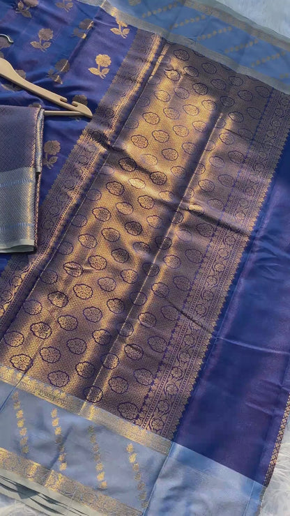 Royal Blue Soft Silk Double Zari Saree - Elegant Rose Pot Design
