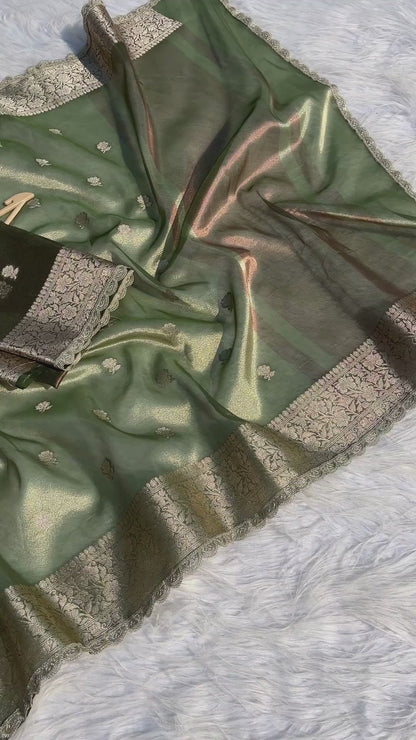 Green Soft Tissue Saree with Zari Buti & Rich Woven Border