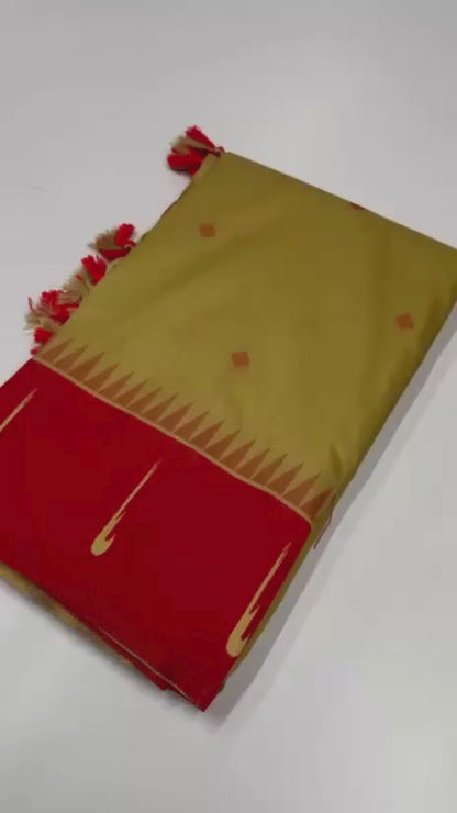Rich Red & Golden Beige Handloom Soft Silk Saree with Zari Floral