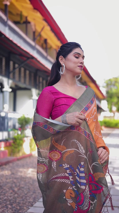 Vibrant Orange Bandhani & Kalamkari Print Linen Cotton Saree