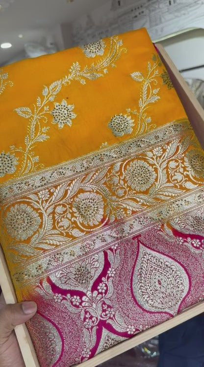 Rajwada Mango & Rani Pink Designer Saree
