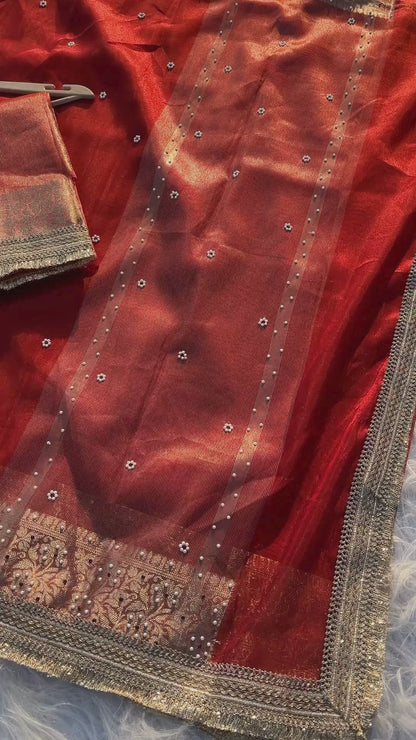 Royal Red Tissue Saree with Premium Stone Work & Designer Woven Border