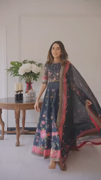 Midnight Bloom Floral Digital Print Anarkali And Pant Set