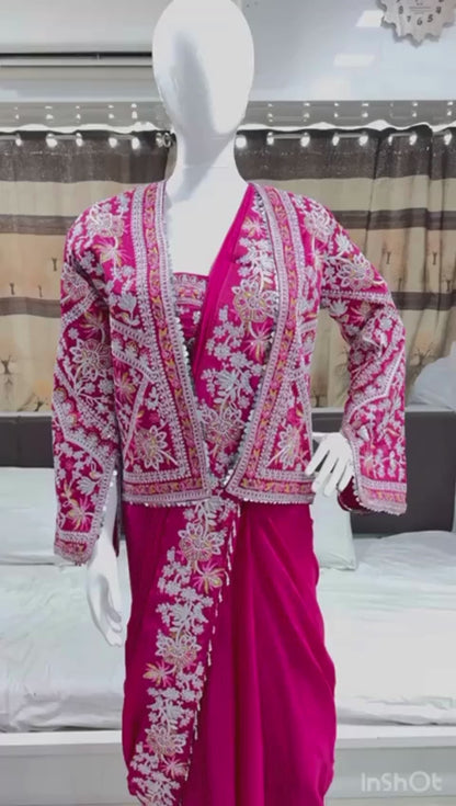 Royal Rani Pink Embroidery Cording Ready-to-Wear Saree with Full Koti