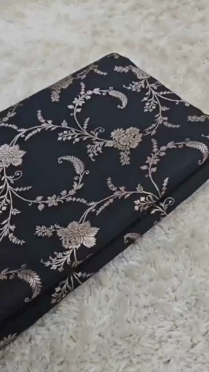 Midnight Black Banarasi Mashroo Katan Silk Saree with Jaal Weaving