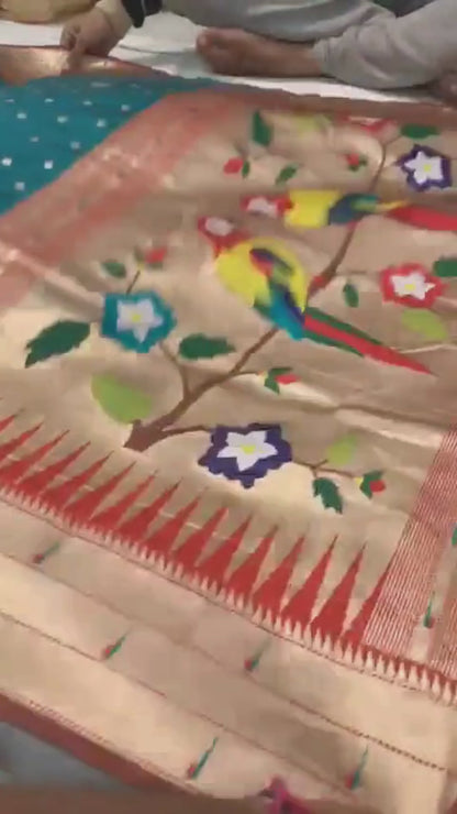 Teal Blue & Gold Polka Paithani Soft Silk Saree with Rich Woven Pallu & Tassels