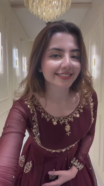 Banarashe Luxury: Maroon Chinon Embroidered Gown Set