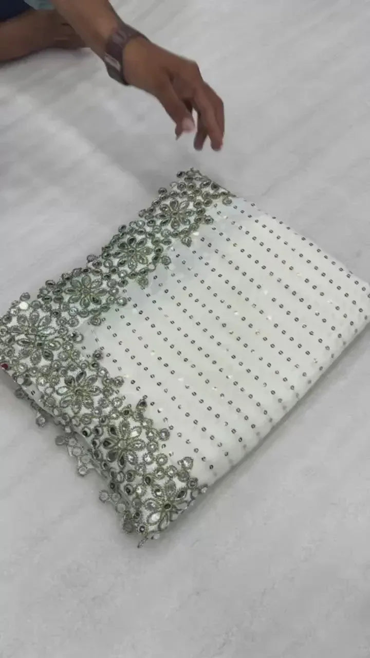 Bollywood Blockbuster Original Mirror Design Saree – Elegant White - Baranashe - Bollywood Blockbuster Original Mirror Design Saree – Elegant White