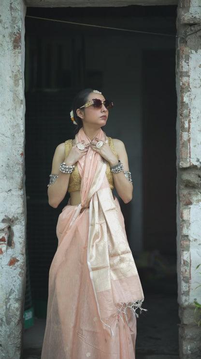 Nilen Cotton Tussar Zari Booti Saree – Soft Peach Elegance