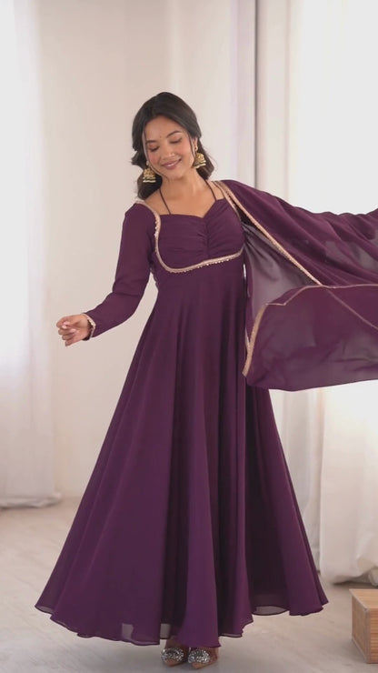 Wine Purple Georgette Anarkali Gown Set for Women