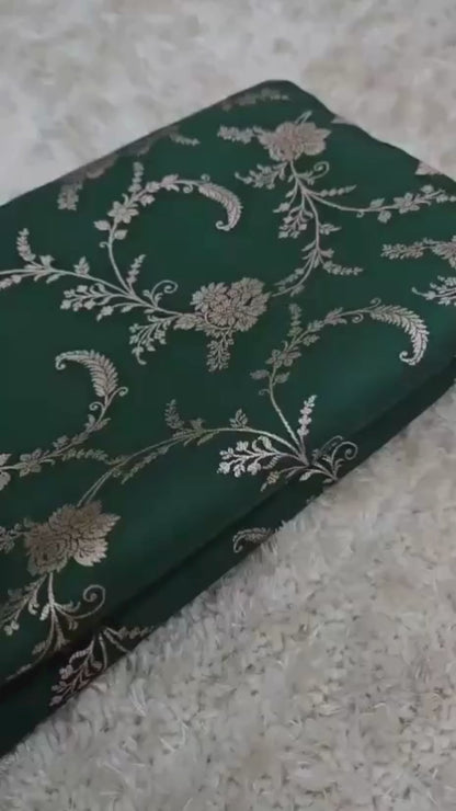 Green Banarasi Mashroo Katan Silk Saree with Allover Jaal Work & Rich Border