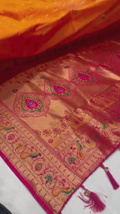 Royal Orange & Rani Pink Soft Paithani Silk Saree with Meenakari Peacock Pallu