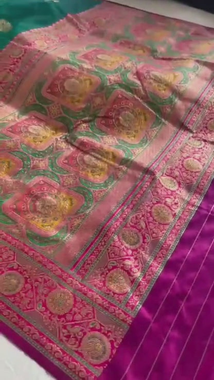 Premium Banarasi Katan Silk Saree in Teal and Hot Pink
