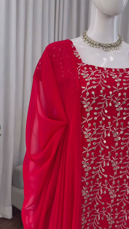 Royal Red Embroidered Georgette Suit Set with Bootcut Pants & Dupatta