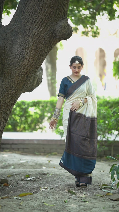 Pure Silk Monga Plain Resham Work Saree – Ivory with Deep Navy Border