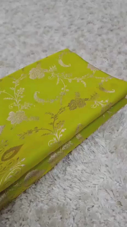Lime Green Banarasi Mashroo Katan Silk Saree with Allover Jaal Work
