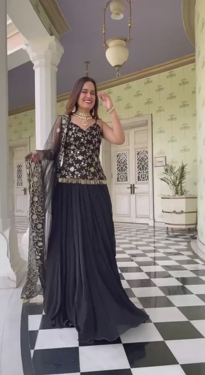 Exquisite Midnight Black Embroidered Indo-Western Lehengha Set