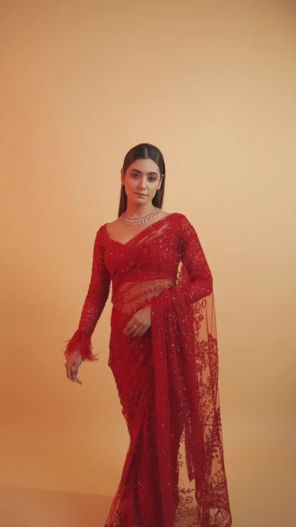 Bollywood Trending Red Saree with Heavy Zalar Work on Pallu & Blouse