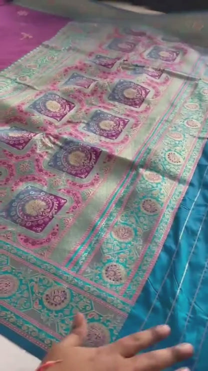 Banarasi Katan Silk Saree in Hot Pink and Sky Blue