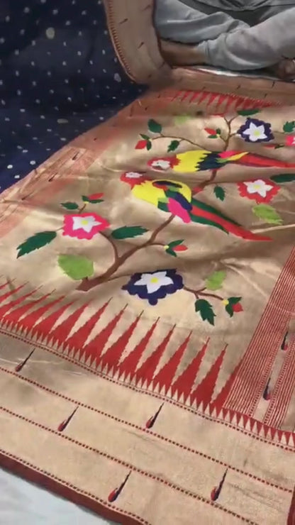 Navy Blue Paithani Soft Silk Saree with Rich Gold Zari Border & Woven Pallu
