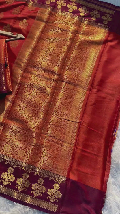 Rusty Orange Soft Silk Banarasi Saree with Double Zari Buta Design